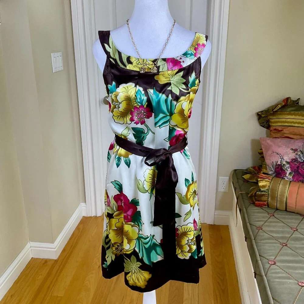 Geisha Dress Silk Floral Brown Yellow Multi (S) - Picture 2 of 9